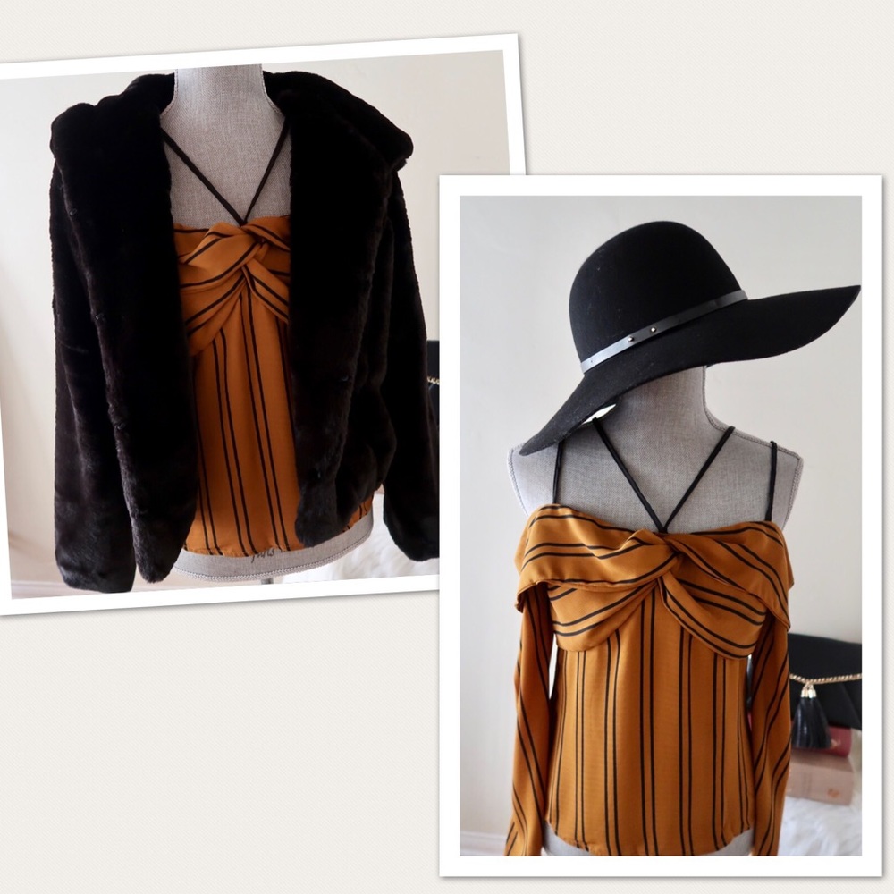 NANCY-Mustard with Black Stripes Off- Shoulder Top - Picture 5 of 5